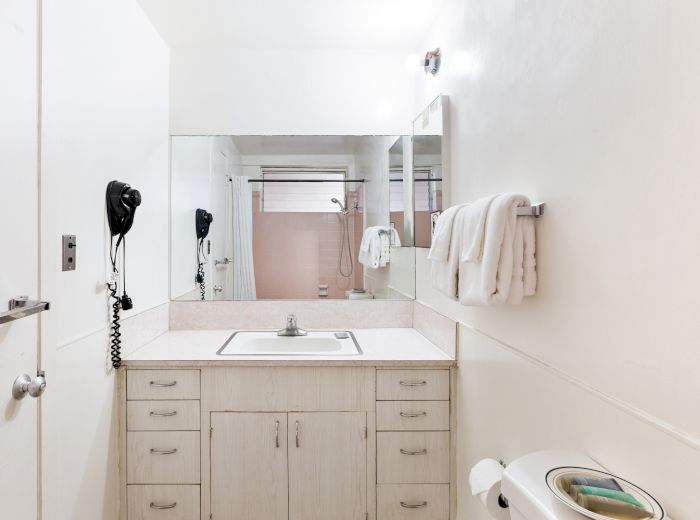 A clean bathroom with a sink, mirror, towels, hairdryer, and a glimpse of the shower area visible in the reflection.