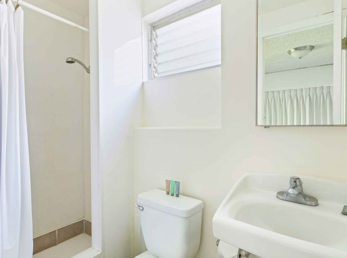 A small bathroom with a shower, toilet, and sink. The room has a mirror, a small window, and toiletries on the toilet tank.