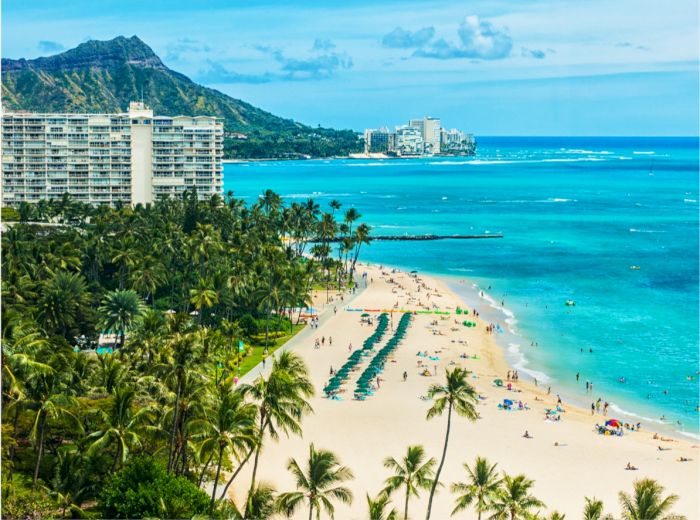 A picturesque beach with palm trees, turquoise waters, people enjoying the sun, and distant mountains and buildings under a blue sky end the sentence.