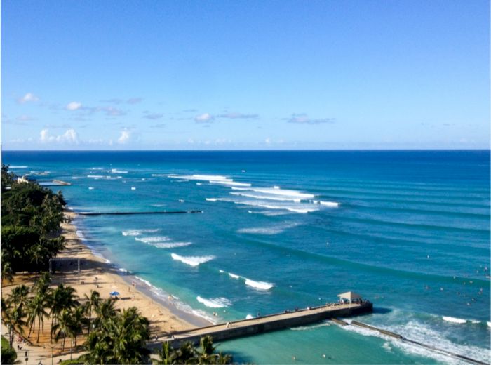 A picturesque beach with palm trees, sandy shore, a pier, and waves in the blue ocean under a clear sky, creating a serene coastal scene.
